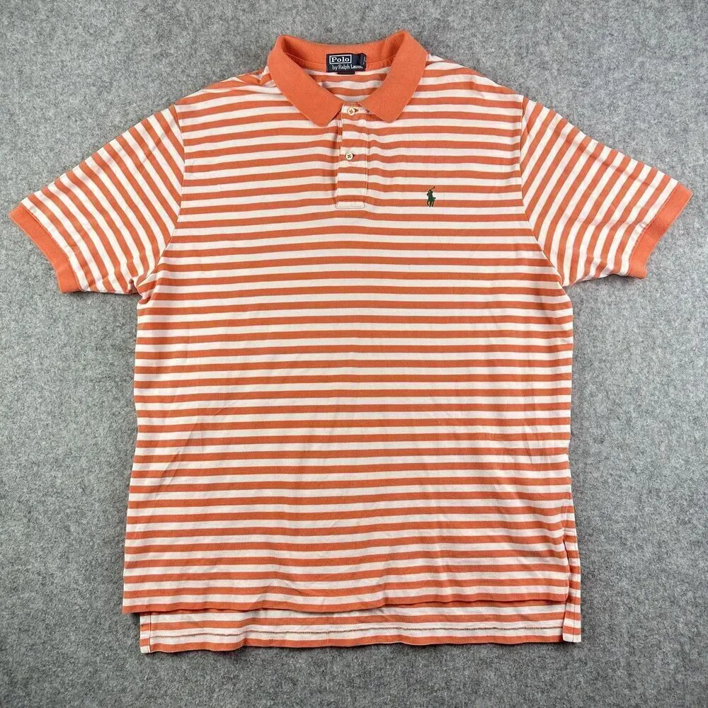 Polo Ralph Lauren Polo Shirt Mens 2XL Coral Striped Classic Short Sleeve Golf*